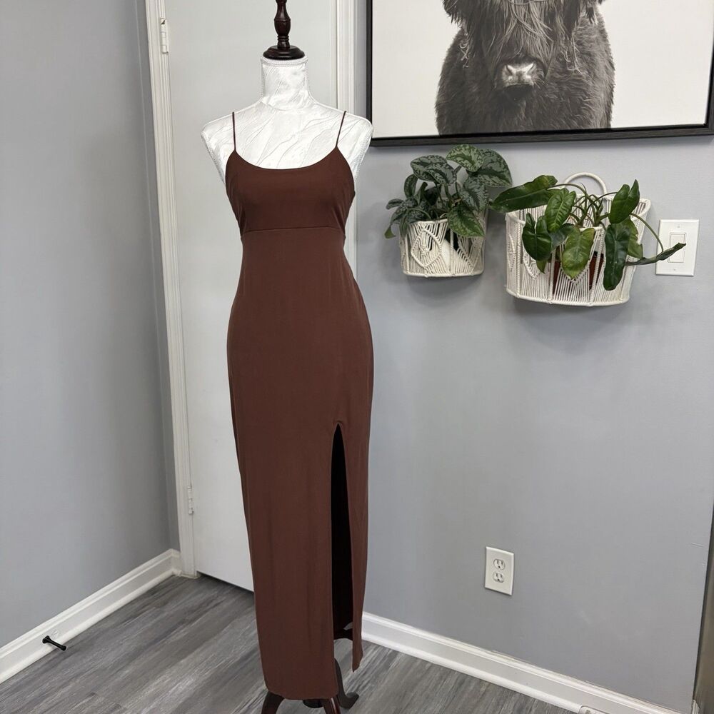 Wild Fable Brown Maxi Dress Womens Small S High Slit Y2K Style Ribbed Knit - Picture 1 of 16
